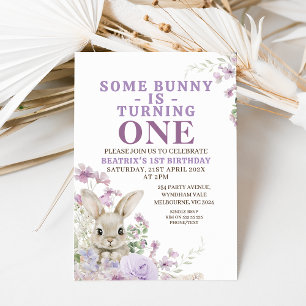 Invitation Floral Violet Un Lapin Tournant Un 1Er Anniversair