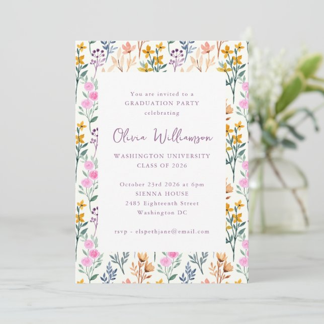 Invitation Floral Watercolor Fleurs sauvages Graduation Party (Debout devant)