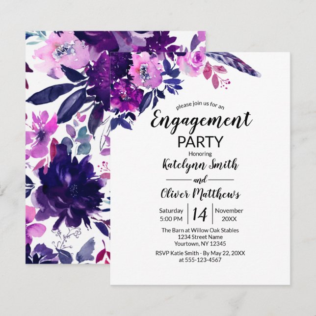 Invitation Floral Watercolor Flowers Fiançailles tendance (Devant / Derrière)