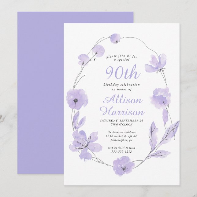 Invitation Floral Watercolor Lavender 90e fête d'anniversaire (Devant / Derrière)