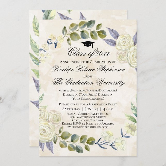 Invitation Floral Watercolor Wreath College Graduation (Devant / Derrière)