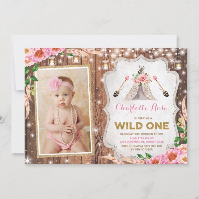 Invitation Floral Wild Un 1er anniversaire Rustic Teepee Part (Devant)