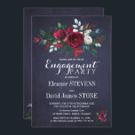 Invitation Floral Winter Navy Red Christmas Engagement Party<br><div class="desc">Bouquet rose floral rouge bordeaux et blanc de pivoine avec branches de sapin vert de saison hivernal, baies rouges et feuillage invitation à la fête de fiançailles avec un élégant texte contemporain changeable sur un arrière - plan bleu marine de minuit noir. Idéal pour une fête de classe florale hivernale....</div>