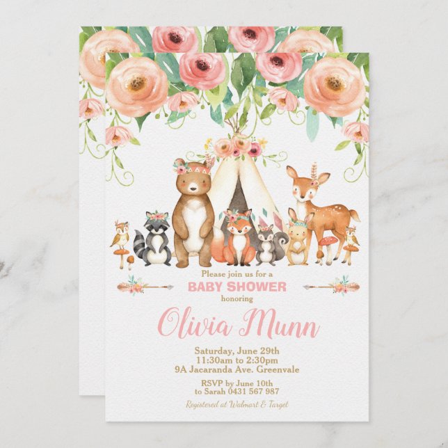 Invitation Floral Woodland Animaux Baby shower Forest Girls (Devant / Derrière)