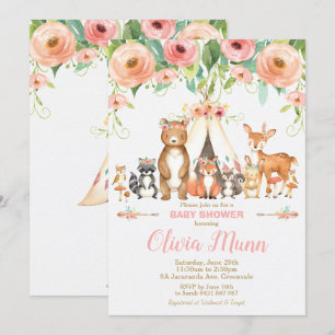 Invitation Floral Woodland Animaux Baby shower Forest Girls