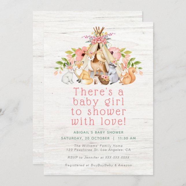 Invitation Floral Woodland Animaux Camping Baby shower fille (Devant / Derrière)