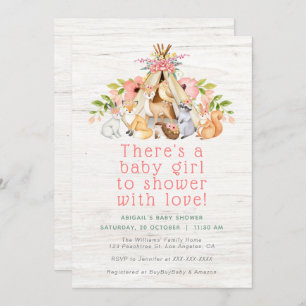 Invitation Floral Woodland Animaux Camping Baby shower fille