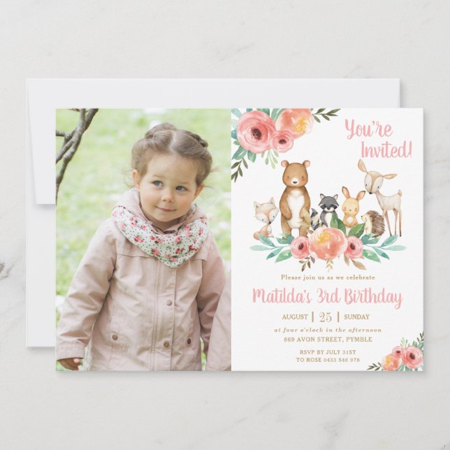 Invitation Floral Woodland Animaux Fête d'anniversaire Girl P (Devant)