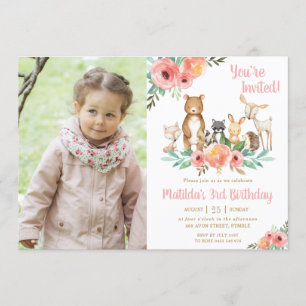 Invitation Floral Woodland Animaux Fête d'anniversaire Girl P
