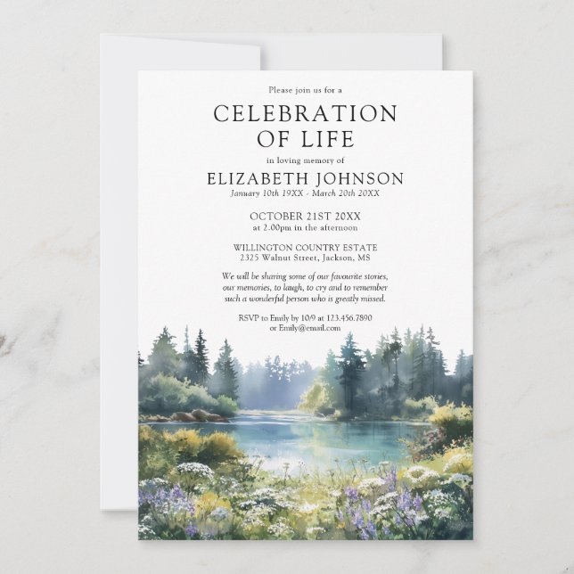 Invitation Floral Woodland Lake Celebration Of Life Funeral (Devant)