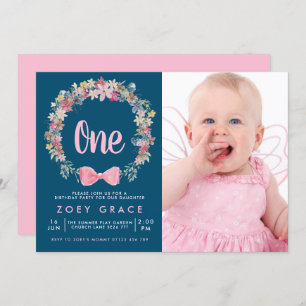 Invitation Floral Wreath & Bow Girl's 1st Birthday Photo
