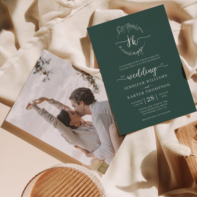 Invitation Floral Wreath Forest Green Monogramme Photo Mariag (Créateur téléchargé)