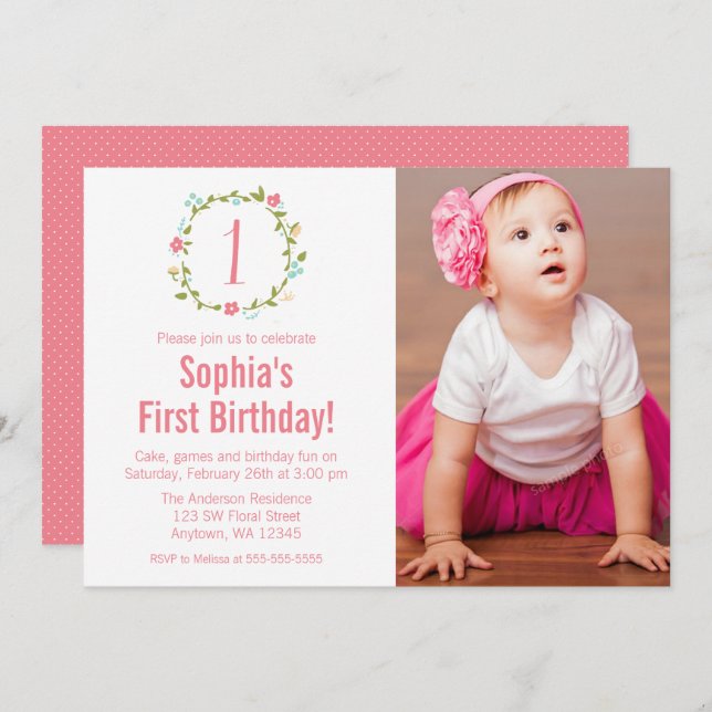 Invitation Floral Wreath Photo Girl 1er anniversaire (Devant / Derrière)