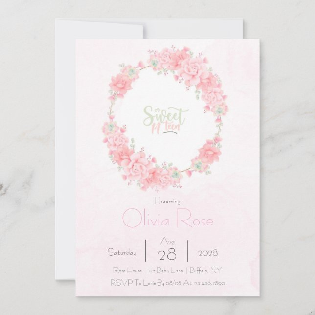 Invitation Floral Wreath Sweet 14th Girl Birthday Party Invit (Devant)