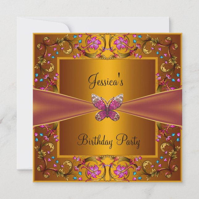 Invitation Floral Yellow Gold Rose papillon fête d'anniversai (Devant)
