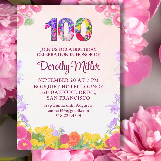 Invitation Florale 100e Anniversaire - Elégant 100 (Créateur téléchargé)