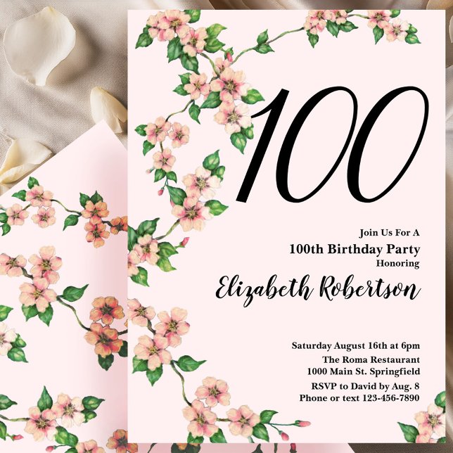 Invitation florale 100e anniversaire en rose (Créateur téléchargé)