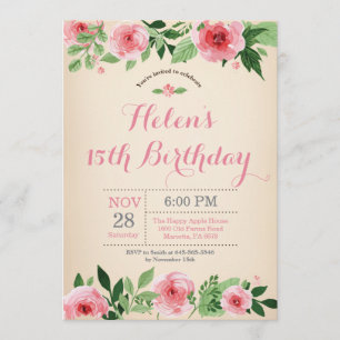 Invitation Florale 15e anniversaire Aquarelle rose