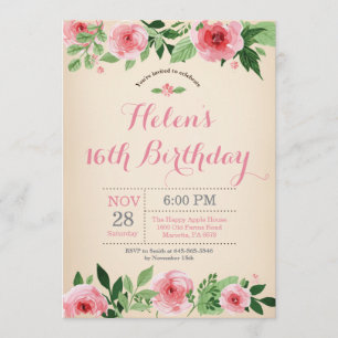 Invitation Florale 16e anniversaire Aquarelle rose