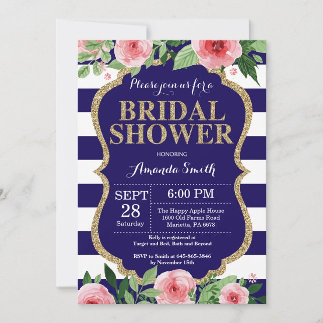Invitation Florale à la douche nuptiale bleu et or (Devant)