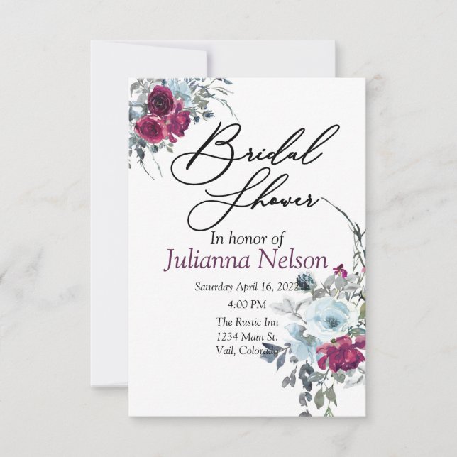 Invitation florale aquarelle bleue et burgundy (Devant)