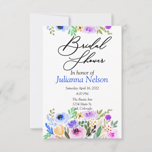 Invitation florale aquarelle bleue et violette (Devant)