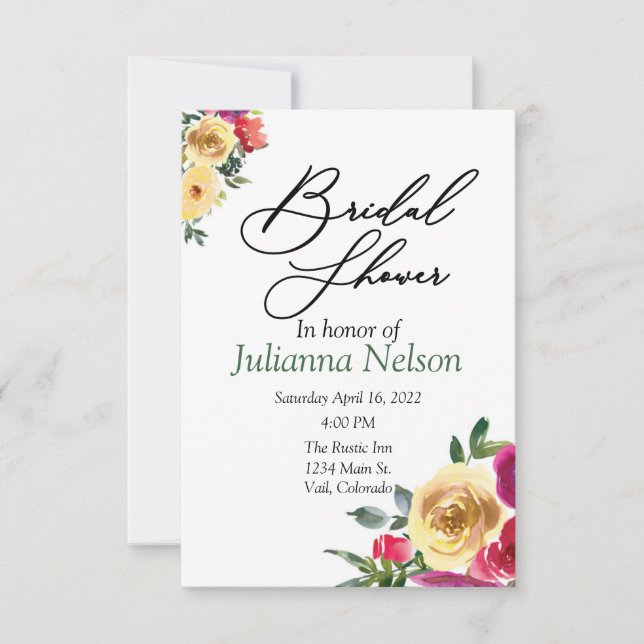 Invitation florale aquarelle citron et magenta (Devant)