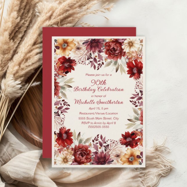 Invitation Florale Aquarelle Crème Bourgogne pour  (Burgundy and cream floral 90th birthday invitation)