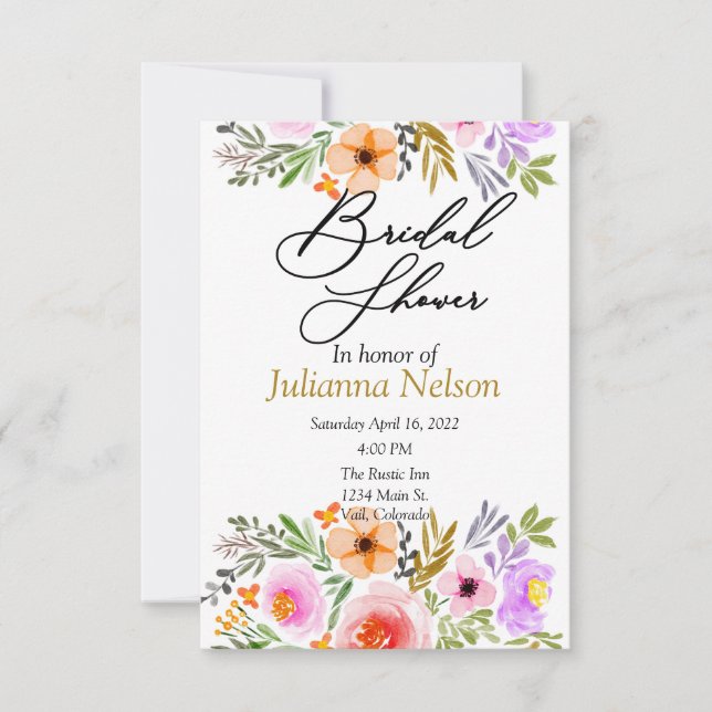 Invitation florale aquarelle orange et violet (Devant)