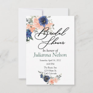Invitation florale aquarelle pêche et bleue