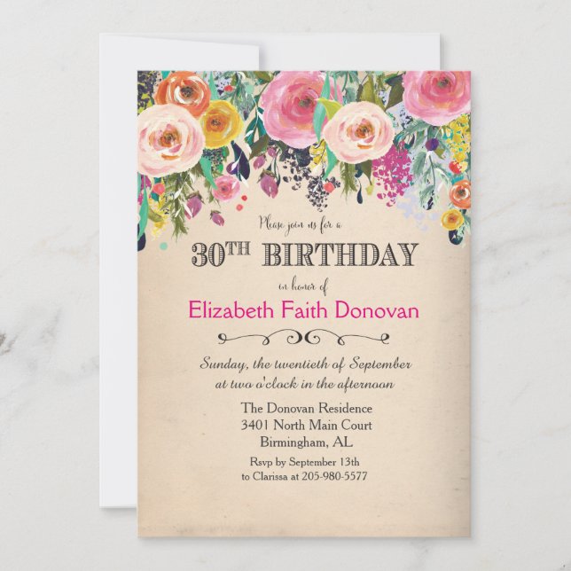 Invitation florale aquarelle pour 30 ans (Devant)