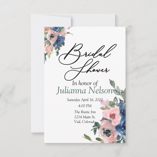 Invitation florale aquarelle rose et bleue (Devant)
