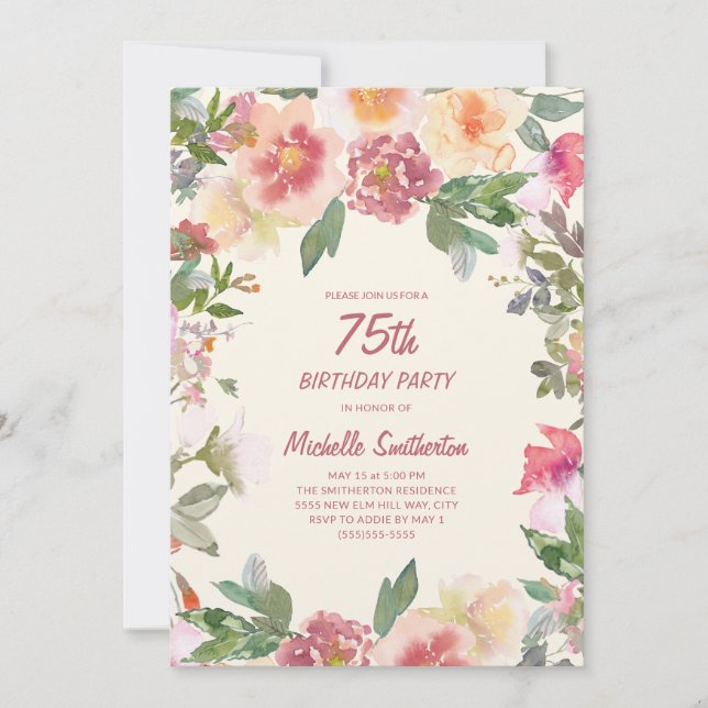 Invitation Florale Aquarelle Rose Pêche pour 75e A (Devant)
