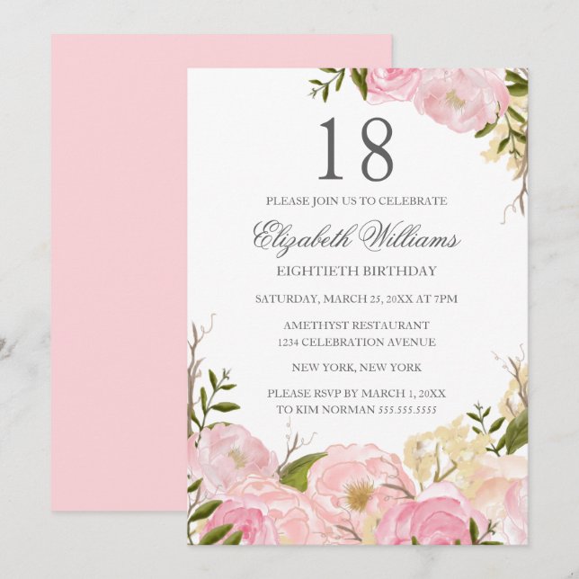 Invitation Florale Aquarelle Teintée de Rose pour  (Devant / Derrière)