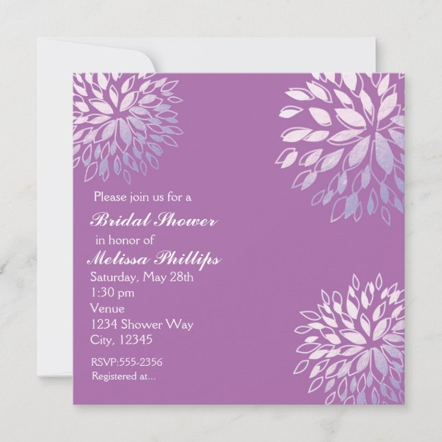 Invitation Florale Argentée Élégante Moderne Lilas (Devant)