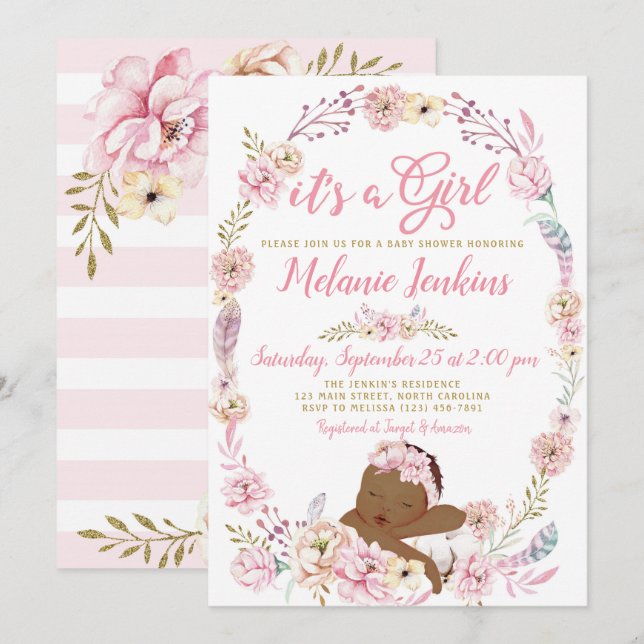 Invitation florale Baby shower fille (Devant / Derrière)