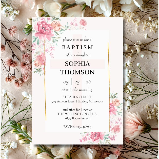 Invitation florale baptême pivoines (Créateur téléchargé)