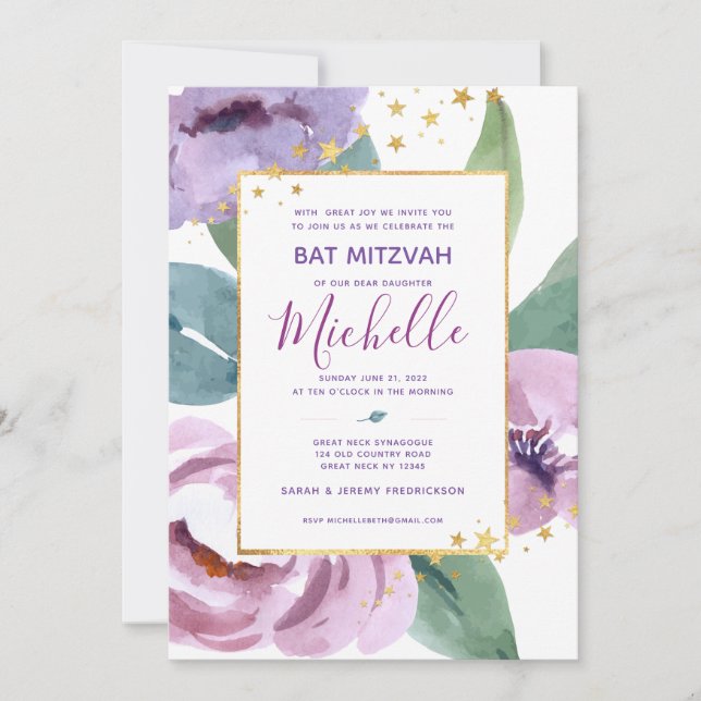 Invitation Florale bat mitzvah (Devant)