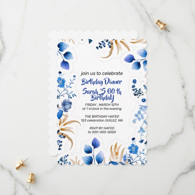 Invitation florale bébé bleu et argent modifiable, (Devant/Arrière en situation)