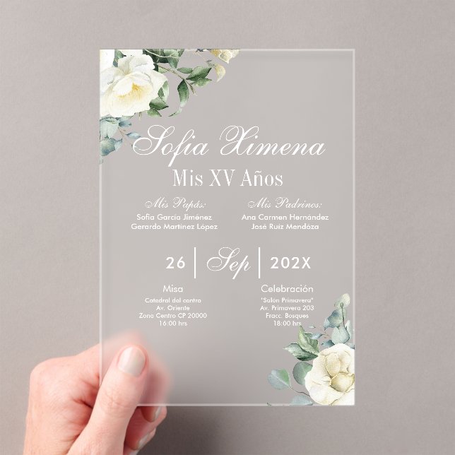 Invitation florale blanche en acrylique avec verdu (In situ (ordinateur de poche))