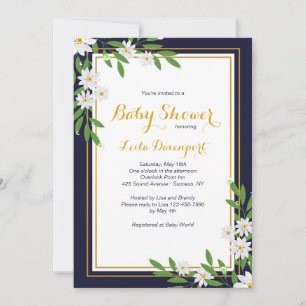 Invitation florale bleue marine et blanche