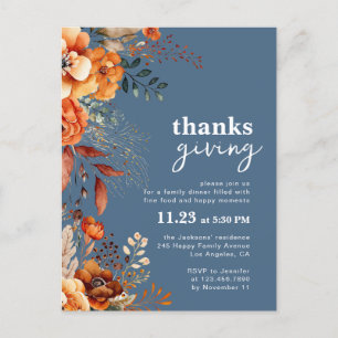 Invitation florale bleue pour le dîner de Thanksgi