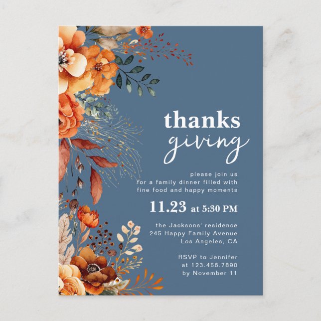 Invitation florale bleue pour le dîner de Thanksgi (Devant)