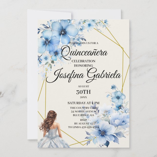 Invitation florale bleue pour Quinceañera (Devant)