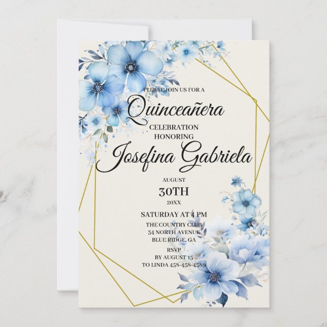 Invitation florale bleue pour Quinceañera (Devant)