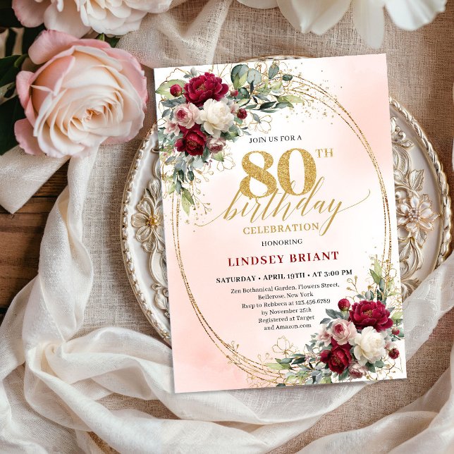 Invitation Florale Bohème Bourguignonne Classique  (Classic Burgundy Boho Floral 80th Birthday Invite)