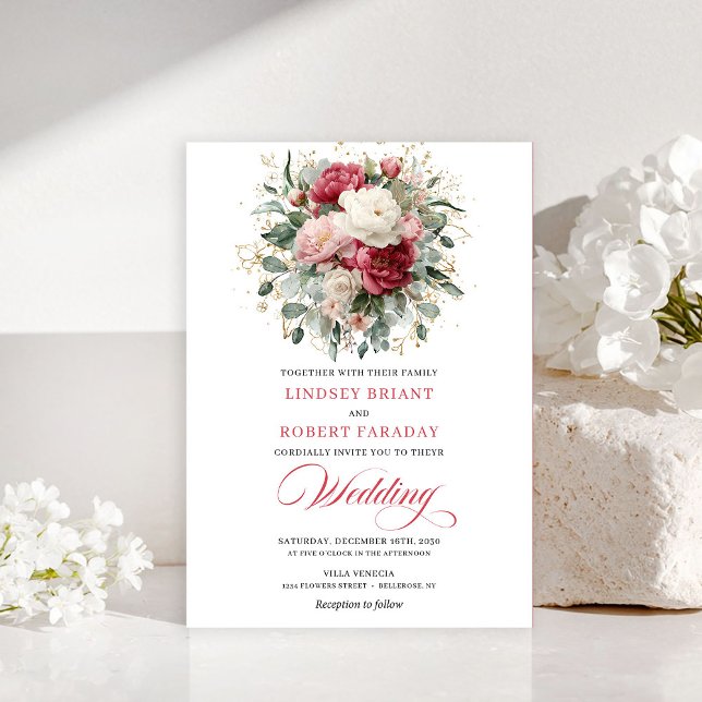 Invitation florale bohème rouge minimale avec feui (Minimal Bohemian Red Blush Floral Greenery Invitation)