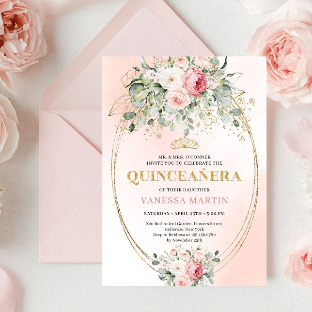 Invitation florale Boho rose pour Quinceañera (Garden Blush Pink Boho Quinceañera Floral Invitation)