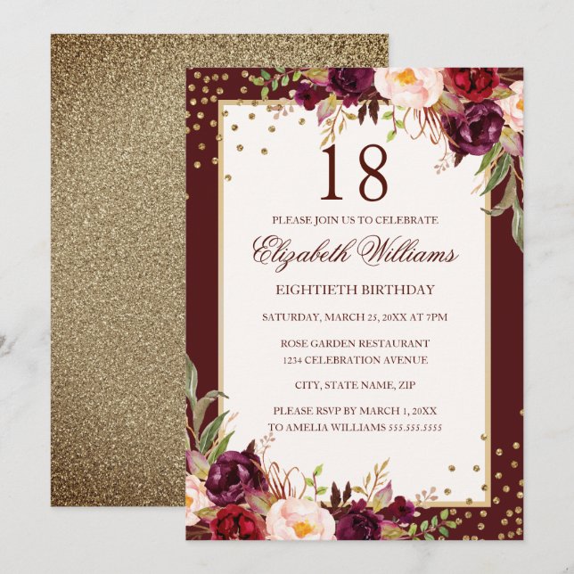 Invitation florale bordeaux dorée pour 18e anniver (Devant / Derrière)