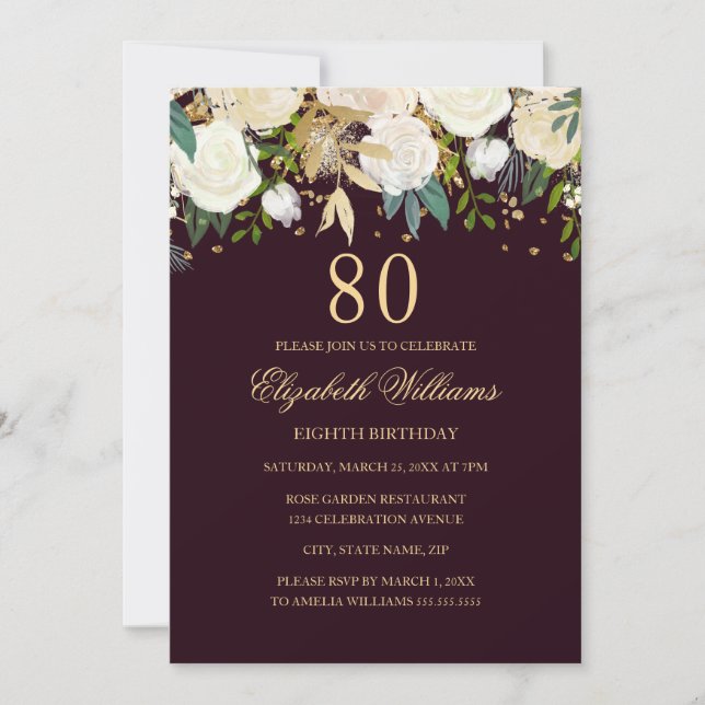 Invitation florale Bourgogne or pour 80e anniversa (Devant)